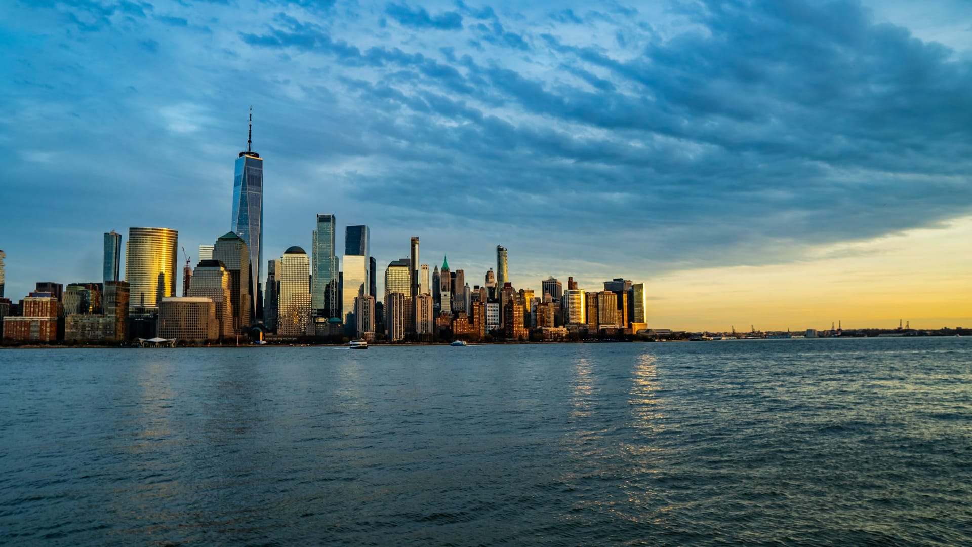 Lower Manhattan under an evening sky
